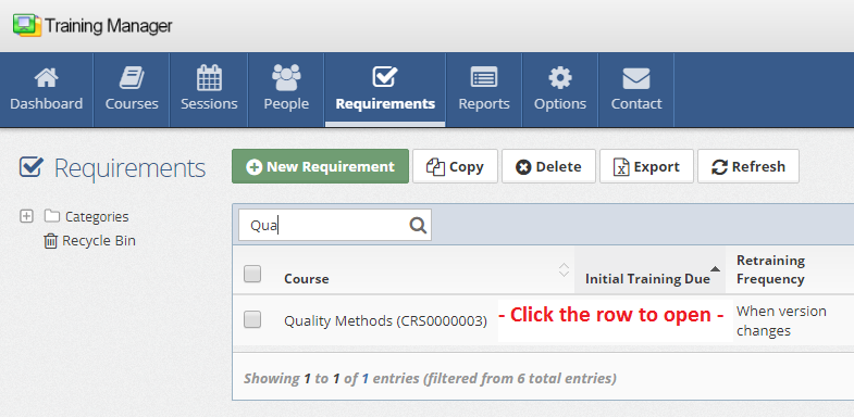 Click Requirement Row