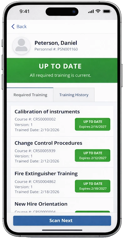 Employee training compliance results showing required course status, expiration dates, and days remaining