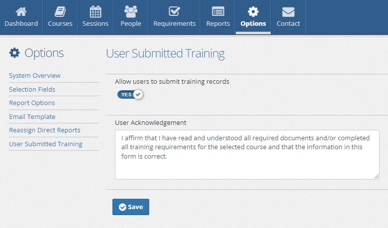 Options User Submitted Training Configuration