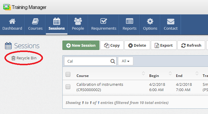 Sessions Recycle Bin